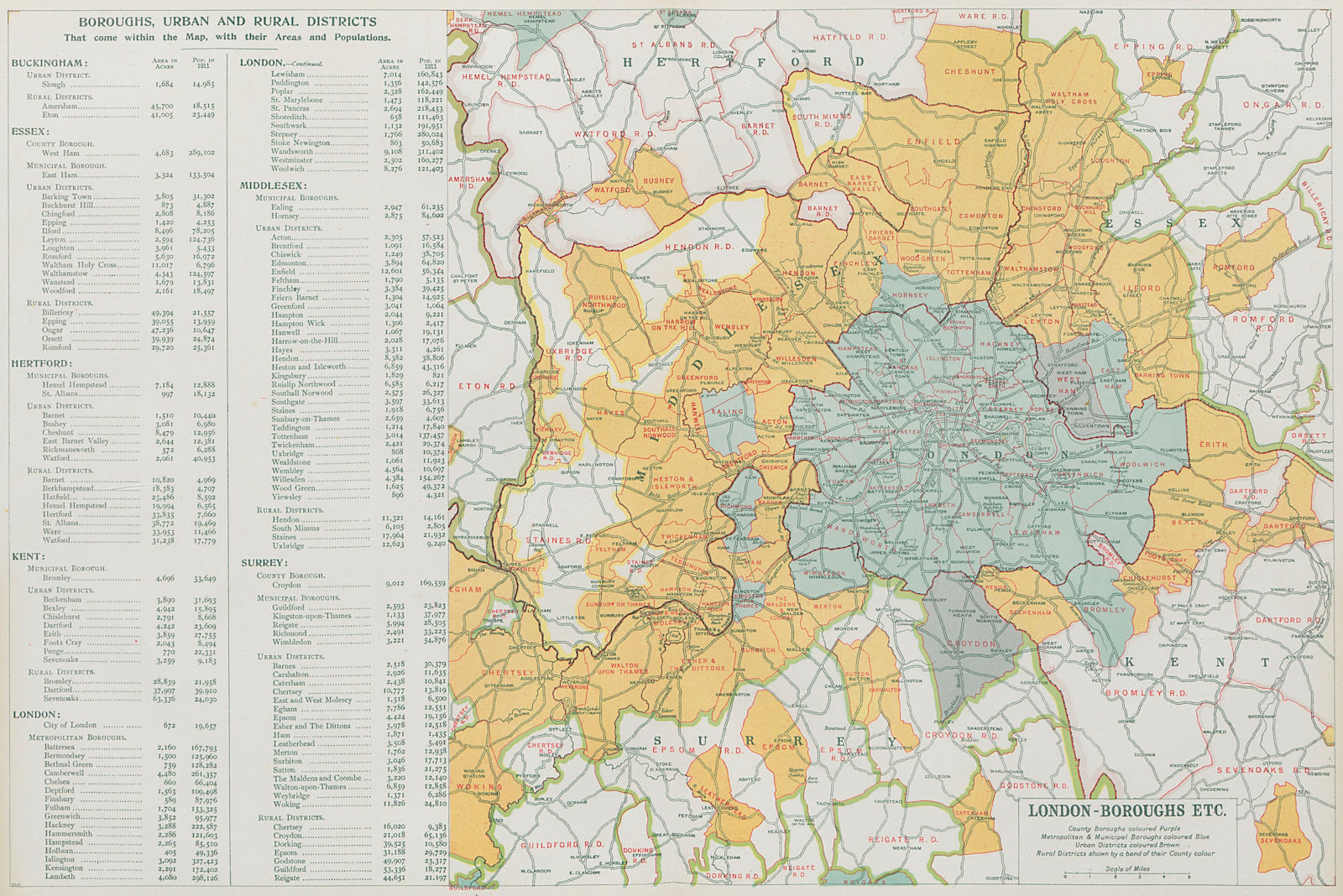 LONDON showing Municipal Boroughs, Urban Districts & Rural areas. BACON 1913 map